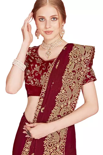 Designer maroon heavy zari embroidery zarkan boder silk saree