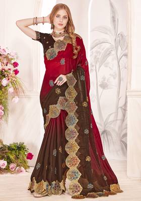 Red designer zari resham multi embroidery satin silk saree 1