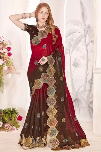 Red designer zari resham multi embroidery satin silk saree