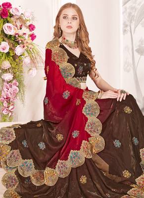 Red designer zari resham multi embroidery satin silk saree 2