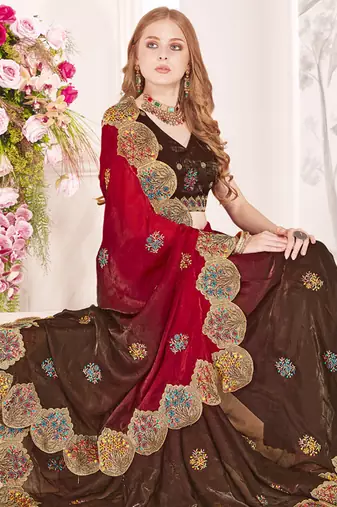 Red designer zari resham multi embroidery satin silk saree