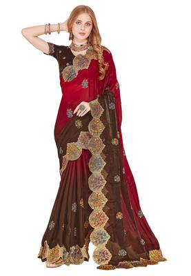 Red designer zari resham multi embroidery satin silk saree 3