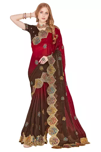 Red designer zari resham multi embroidery satin silk saree