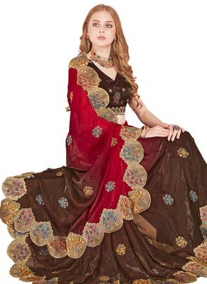 Red designer zari resham multi embroidery satin silk saree 4