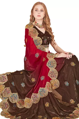 Red designer zari resham multi embroidery satin silk saree