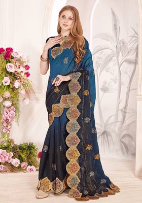 Teal blue designer zari resham multi embroidery satin silk saree 1