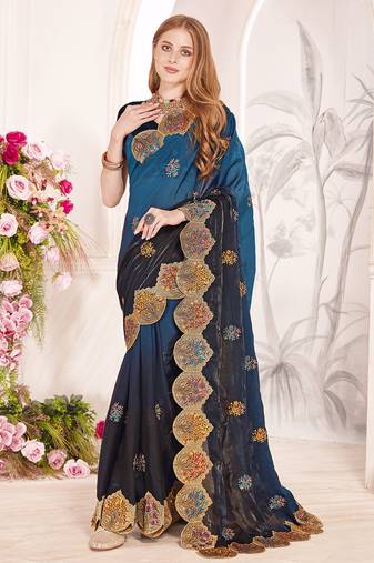 Teal blue designer zari resham multi embroidery satin silk saree