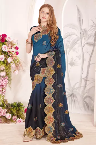 Teal blue designer zari resham multi embroidery satin silk saree