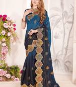 Teal blue designer zari resham multi embroidery satin silk saree