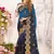 Teal blue designer zari resham multi embroidery satin silk saree