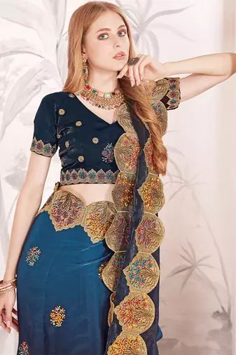 Teal blue designer zari resham multi embroidery satin silk saree