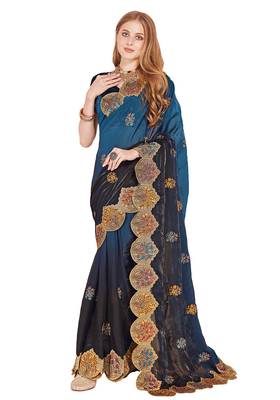 Teal blue designer zari resham multi embroidery satin silk saree 3