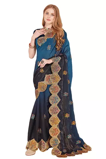 Teal blue designer zari resham multi embroidery satin silk saree