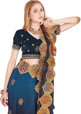 Teal blue designer zari resham multi embroidery satin silk saree 4