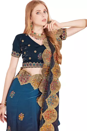 Teal blue designer zari resham multi embroidery satin silk saree