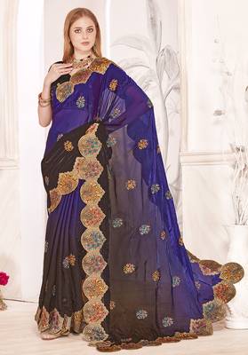 Purple designer zari resham multi embroidery satin silk saree 1