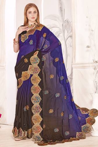 Purple designer zari resham multi embroidery satin silk saree