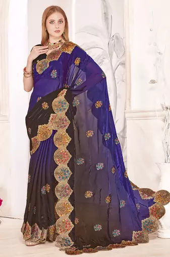Purple designer zari resham multi embroidery satin silk saree