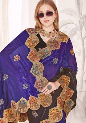 Purple designer zari resham multi embroidery satin silk saree 2