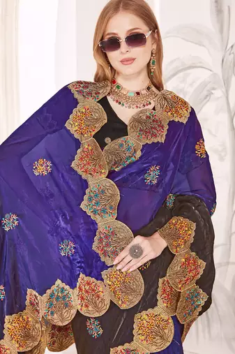 Purple designer zari resham multi embroidery satin silk saree