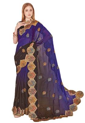 Purple designer zari resham multi embroidery satin silk saree 3