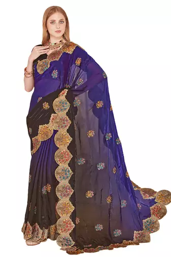 Purple designer zari resham multi embroidery satin silk saree