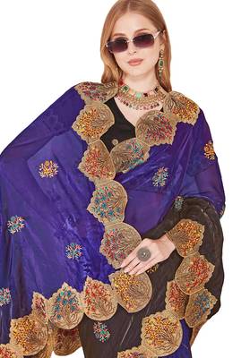 Purple designer zari resham multi embroidery satin silk saree 4