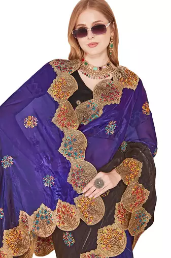 Purple designer zari resham multi embroidery satin silk saree