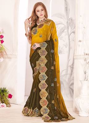 Mustard designer zari resham multi embroidery satin silk saree 1