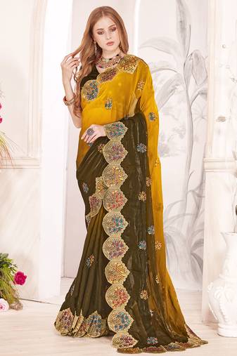 Mustard designer zari resham multi embroidery satin silk saree
