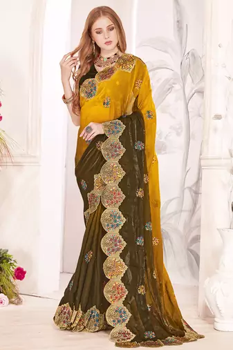 Mustard designer zari resham multi embroidery satin silk saree