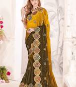 Mustard designer zari resham multi embroidery satin silk saree