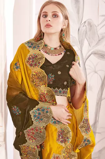 Mustard designer zari resham multi embroidery satin silk saree