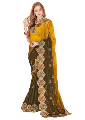 Mustard designer zari resham multi embroidery satin silk saree 3