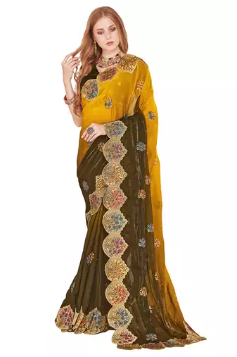Mustard designer zari resham multi embroidery satin silk saree