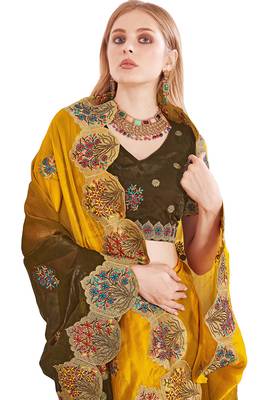 Mustard designer zari resham multi embroidery satin silk saree 4