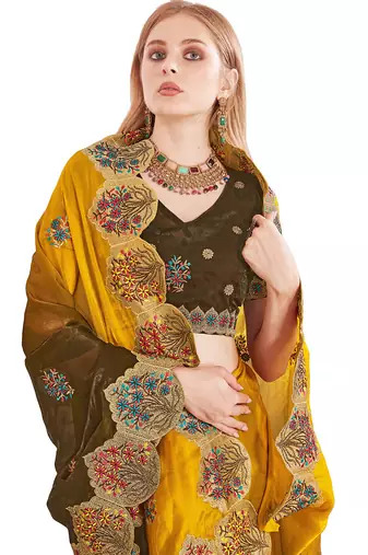 Mustard designer zari resham multi embroidery satin silk saree