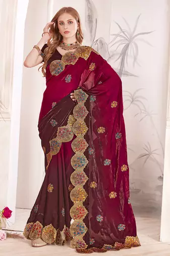 Cherry designer zari resham multi embroidery satin silk saree