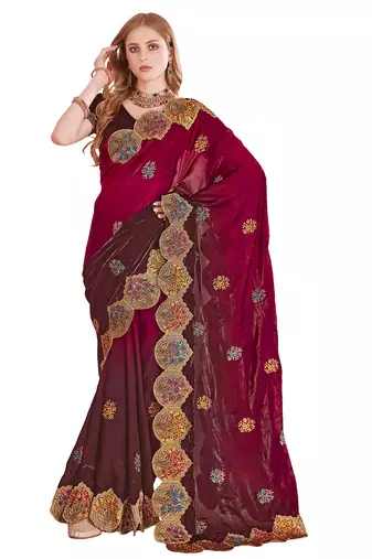 Cherry designer zari resham multi embroidery satin silk saree