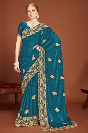 Designer teal blue zari embroidery zarkan work silk saree
