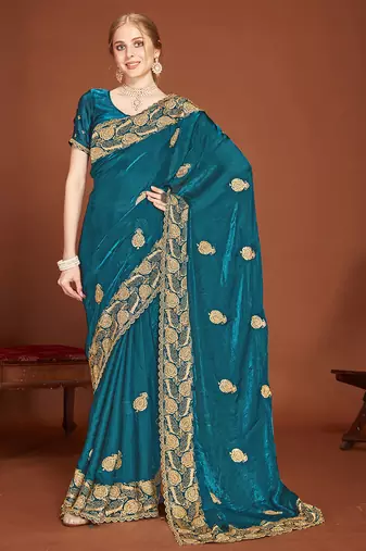 Designer teal blue zari embroidery zarkan work silk saree
