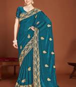 Designer teal blue zari embroidery zarkan work silk saree