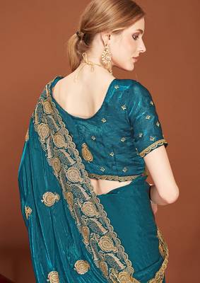 Designer teal blue zari embroidery zarkan work silk saree 2