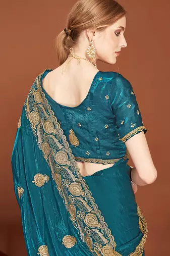 Designer teal blue zari embroidery zarkan work silk saree