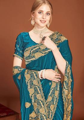 Designer teal blue zari embroidery zarkan work silk saree 3