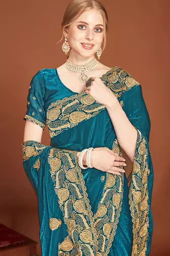 Designer teal blue zari embroidery zarkan work silk saree