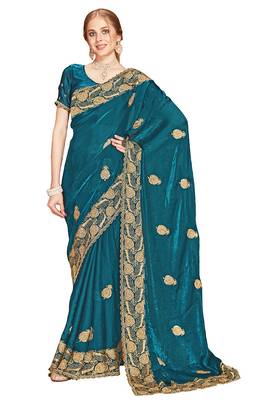 Designer teal blue zari embroidery zarkan work silk saree 4