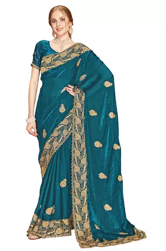 Designer teal blue zari embroidery zarkan work silk saree