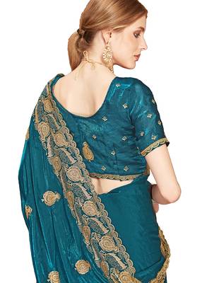 Designer teal blue zari embroidery zarkan work silk saree 5