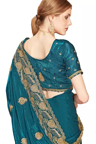 Designer teal blue zari embroidery zarkan work silk saree